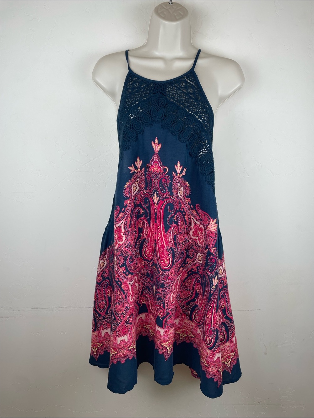 Free People Navy Halter Mini Dress with Pink Paisley